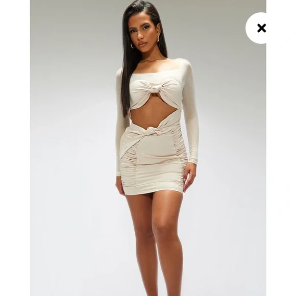 NWT PLT Cream Satin Bardot Twist Front Cut Out Bodycon Dress - Picture 2 of 8